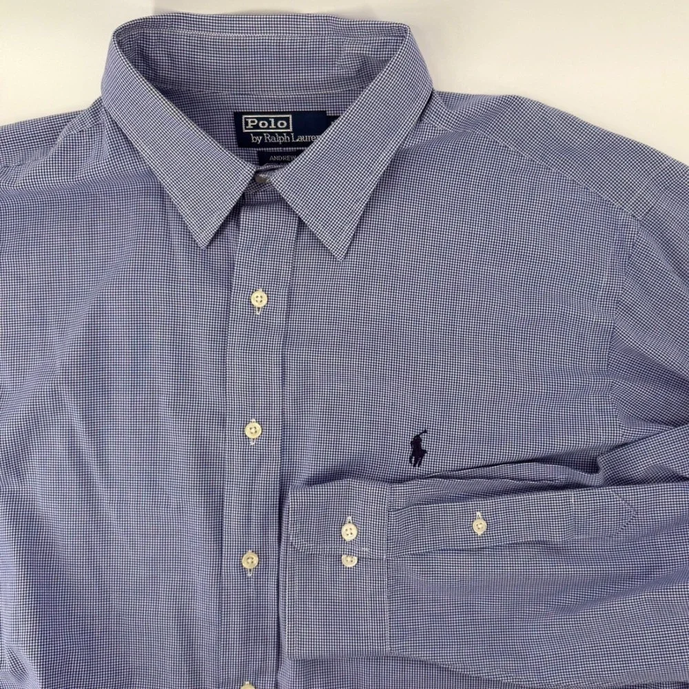 Polo Ralph Lauren Men Andrew Fit Gingham Dress Shirt Blue White Size 17 34/35 XL